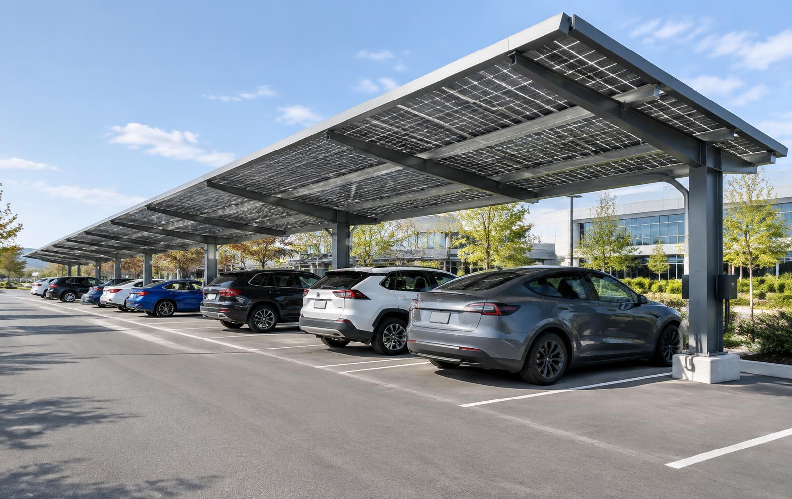 Reihe überdachter Stellplätze mit Carport-Unterkonstruktion und mehreren geparkten Fahrzeugen