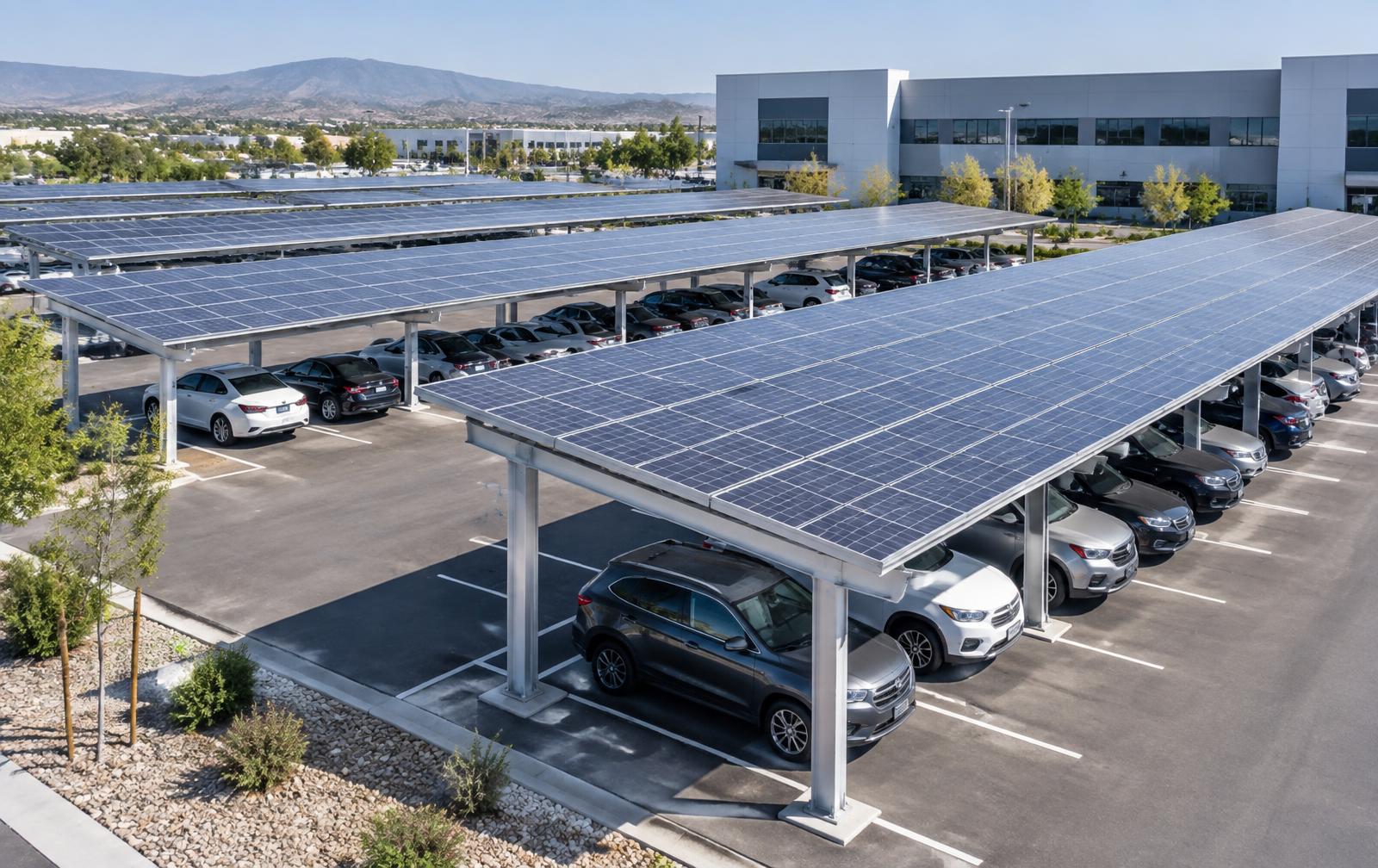 Gewerbe-Solar-Carport-Anlage mit mehreren überdachten Stellplätzen und Photovoltaikdach
